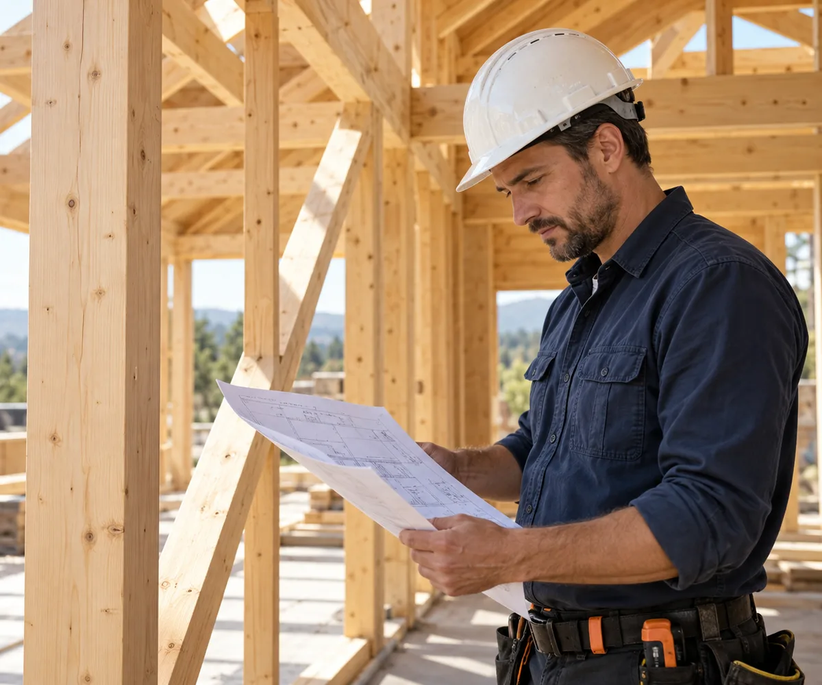 Illustration : un charpentier consulte les plans de son chantier.